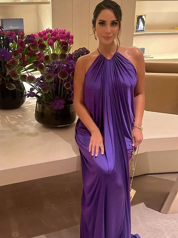 Weird Puss Elegant Ruched Halter Dress Woman Sexy Sleeveless Summer Trend Silky Skinny Gown Robe Vacation Banquet Party Vestidos — image 2