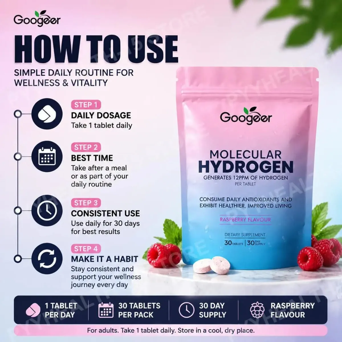 Molecular Hydrogen Water Tablets 12 PPM with Magnesium Raspberry Flavor Daily Wellness and Antioxidant Support 30 Tablets