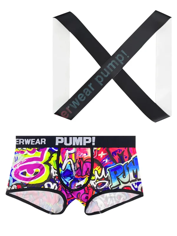 Men's 2-Piece Graffiti Print Boxer Brief & Shoulder Strap Set - "WEAR PUMP!" Logo, Comfort Breathable Athletic Underwear — image 2