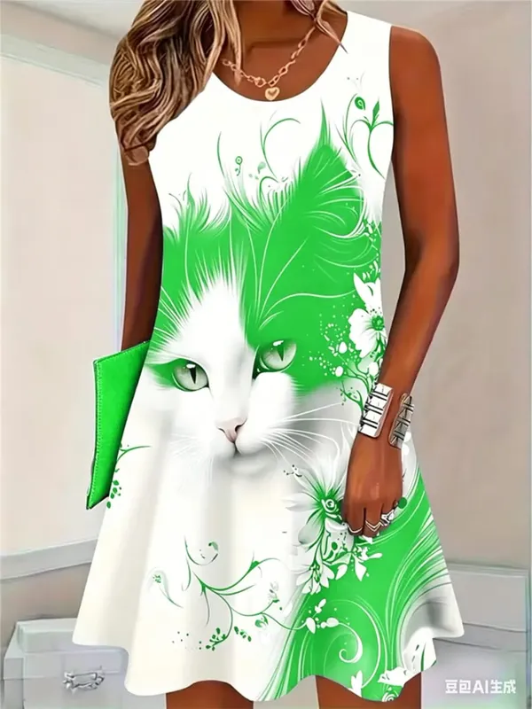 2026 New Fashion Cat Pattern Women Mini Dresses Summer Sleeveless 3D Printed Street Hip Hop Ladies Dress 3XL Plus Size Dress — image 4
