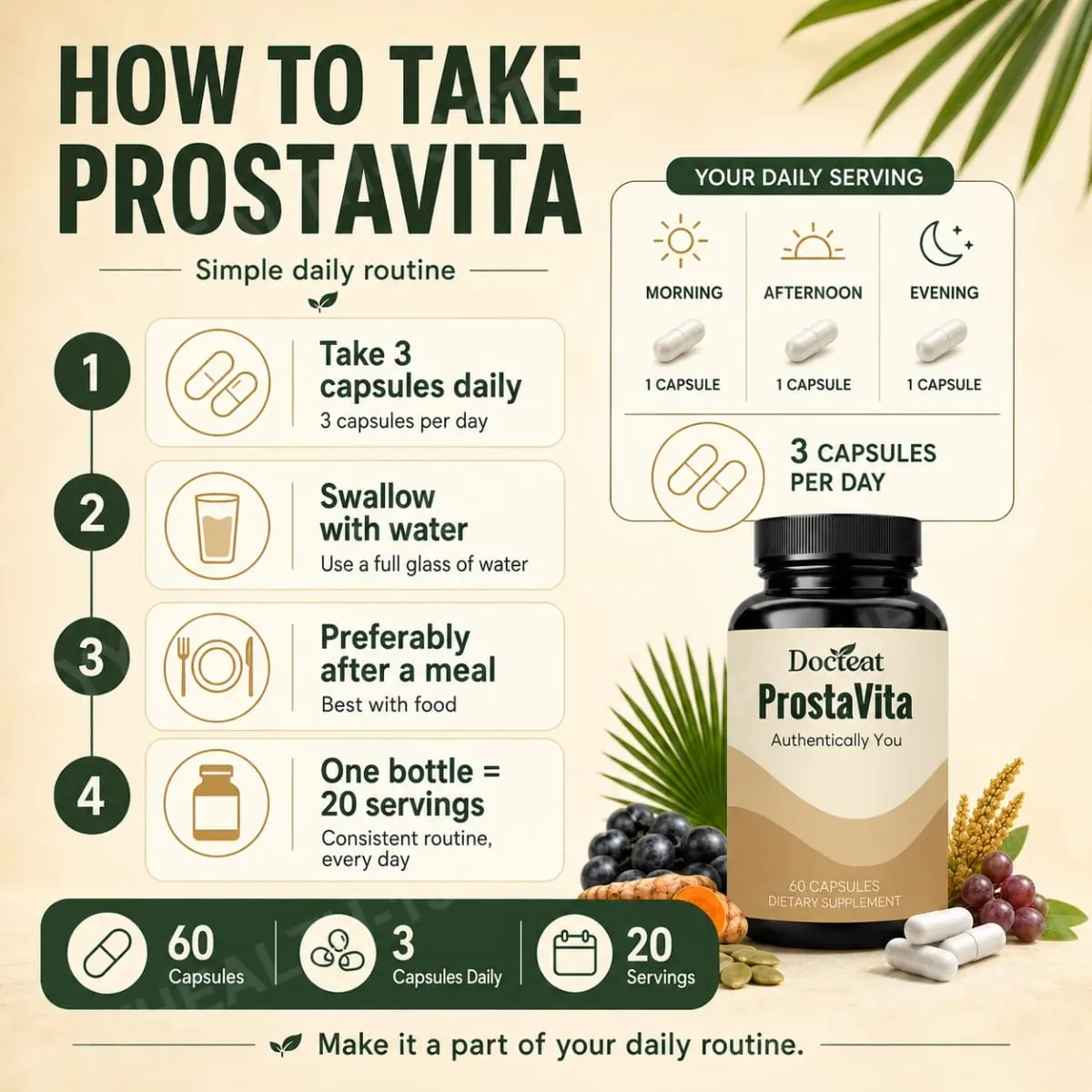 Docteat ProstaVita Men's Prostate Health Capsules with Beta-Sitosterol Saw Palmetto Pumpkin Seed and Lycopene 60 Count