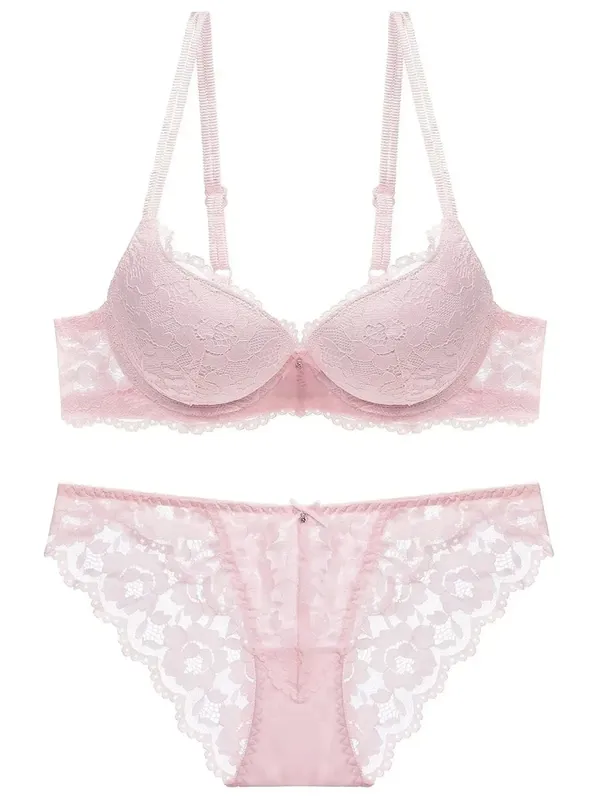 1 Set Elegant Lace Embroidery & Breathable Fabric Lingerie Set: Push-Up Bra Drop Waist Sheer Panty - Ultimate Valentine's Day