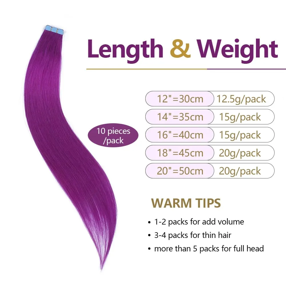 Mini Tape In Hair Extensions Human Hair Colored Skin Weft Machine-Remy Natural Tape in Extensions Purple 10pcs/pack 12-20 inch