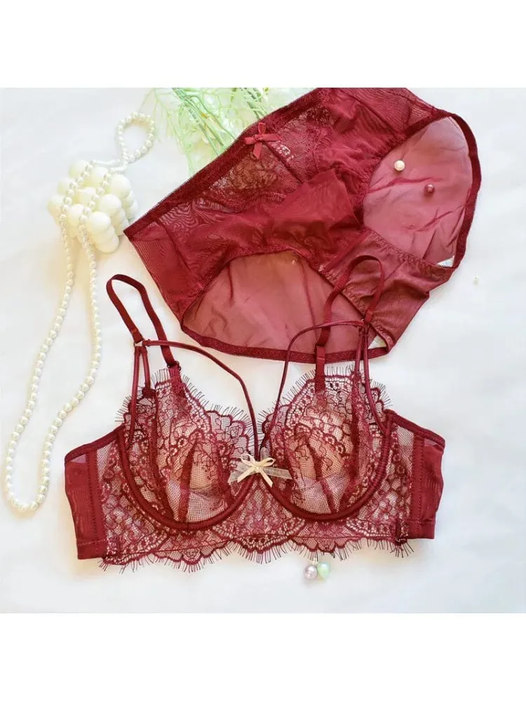 Korean Hot Trend Pure Desire Lace Bra Set Underwire Thin Cup Push Up Large Bust Visually Small Anti Droop Lingerie 32-38 Hot — image 3