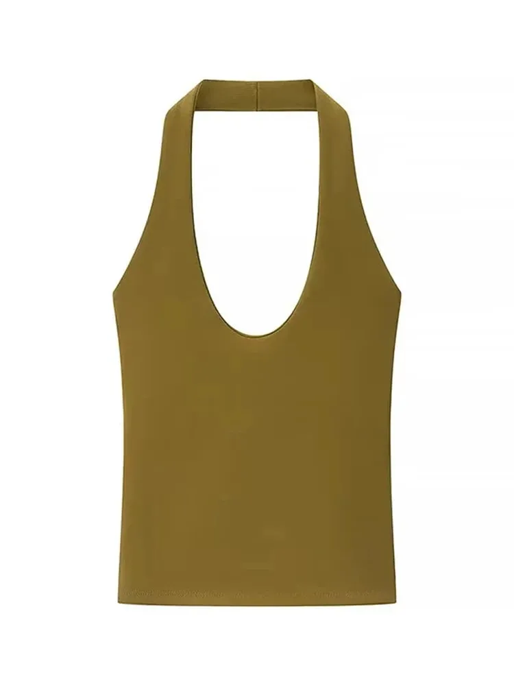 2025 Summer New Women's Solid Color Series Halter Collar Slim Backless Basic All-match Top