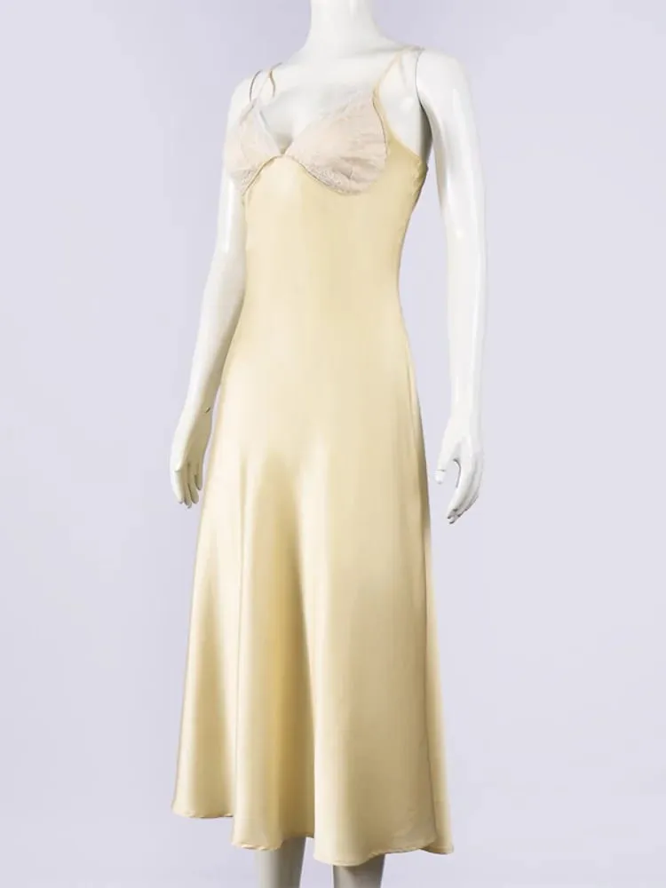 Sexy Yellow Satin Lace Patchwork Dress Spaghetti Strap Sleeveless V Neck Bias Cut Female Dresses 2026 Summer Evening Party Robe