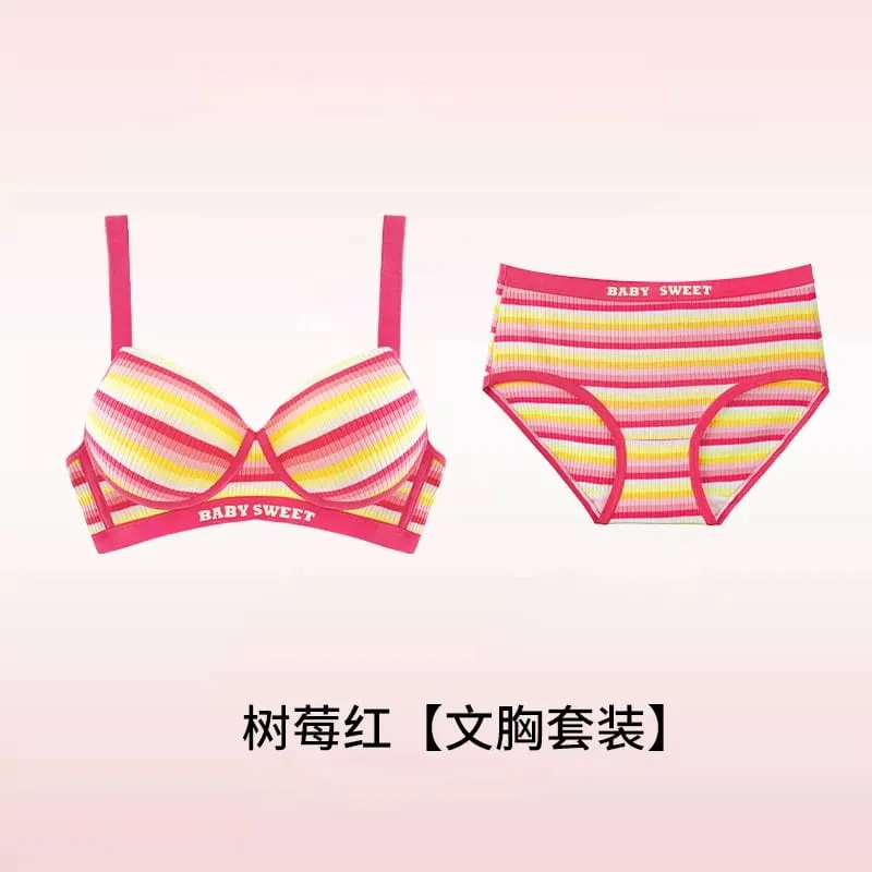 Stripe Women's Bra Set Gathered Anti-Sagging Small Chest Side Breast Reduction Underwear Cute Style Nylon