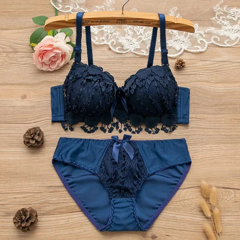 Women Wireless Lingerie Set Tassel Lace Bow Decor Push‑Up Bra & Panty Suit Adjustable Straps Ladies Intimate Underwear 32-38
