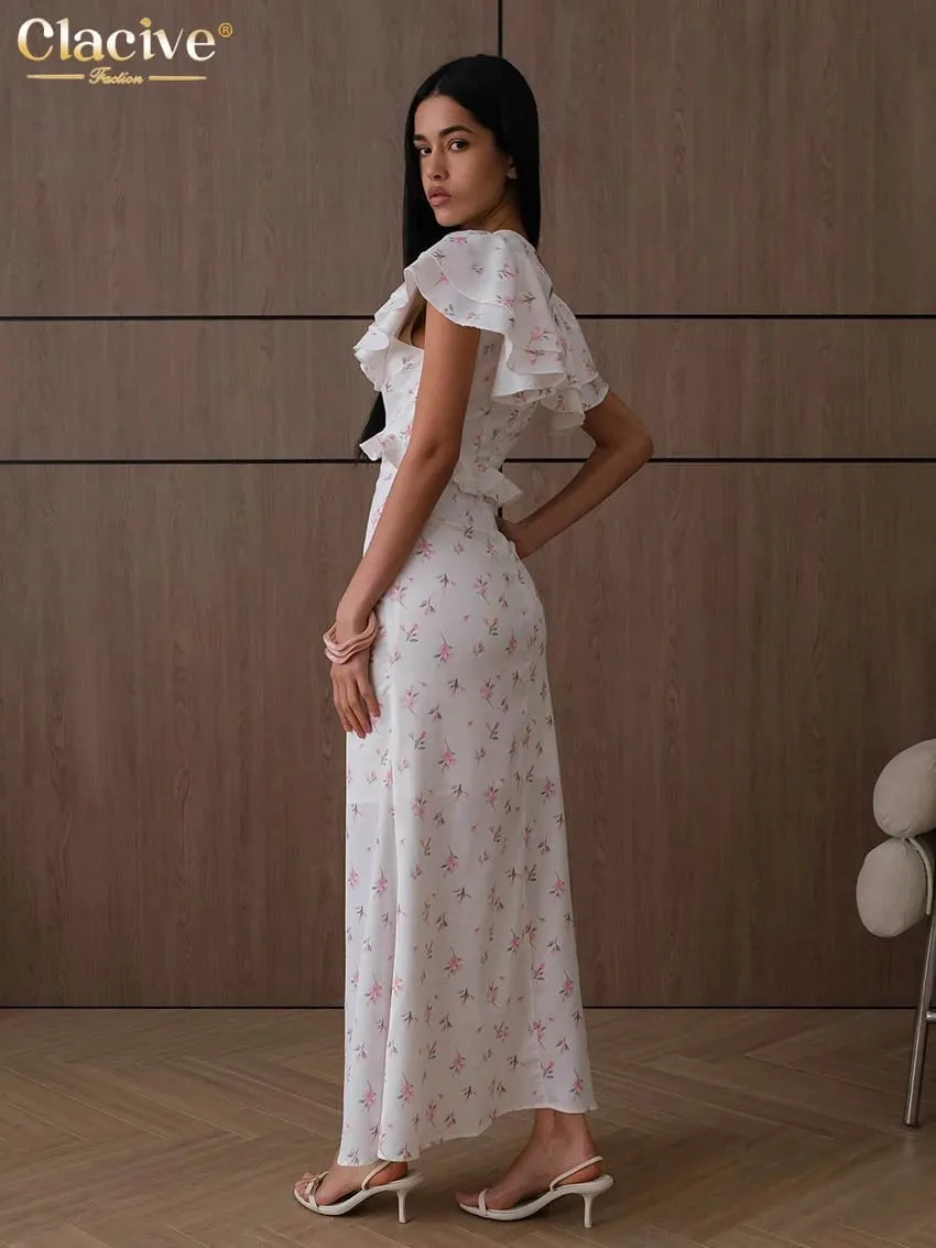 Clacive Sexy Loose Print Women's Dress 2026 Summer V-Neck Short Sleeve Ankle Length Dresses Elegant Classic Ruffles Female Dress