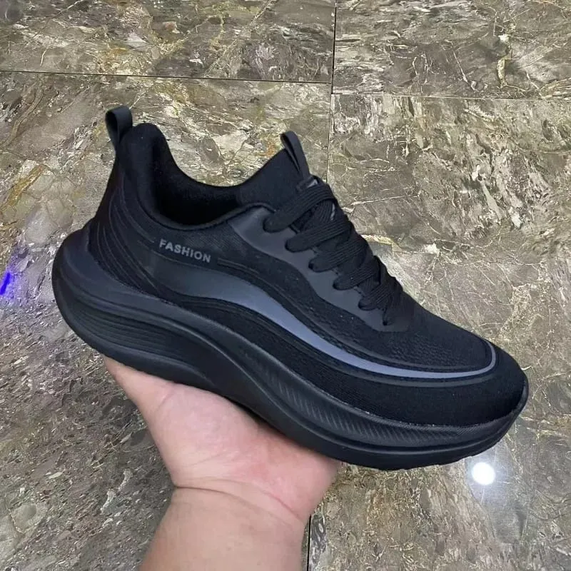 Men Breathable Mesh Sneakers Lace‑up Thick Platform Sole Lightweight Walking Shoes Outdoor Non‑slip Casual Sports Footwear