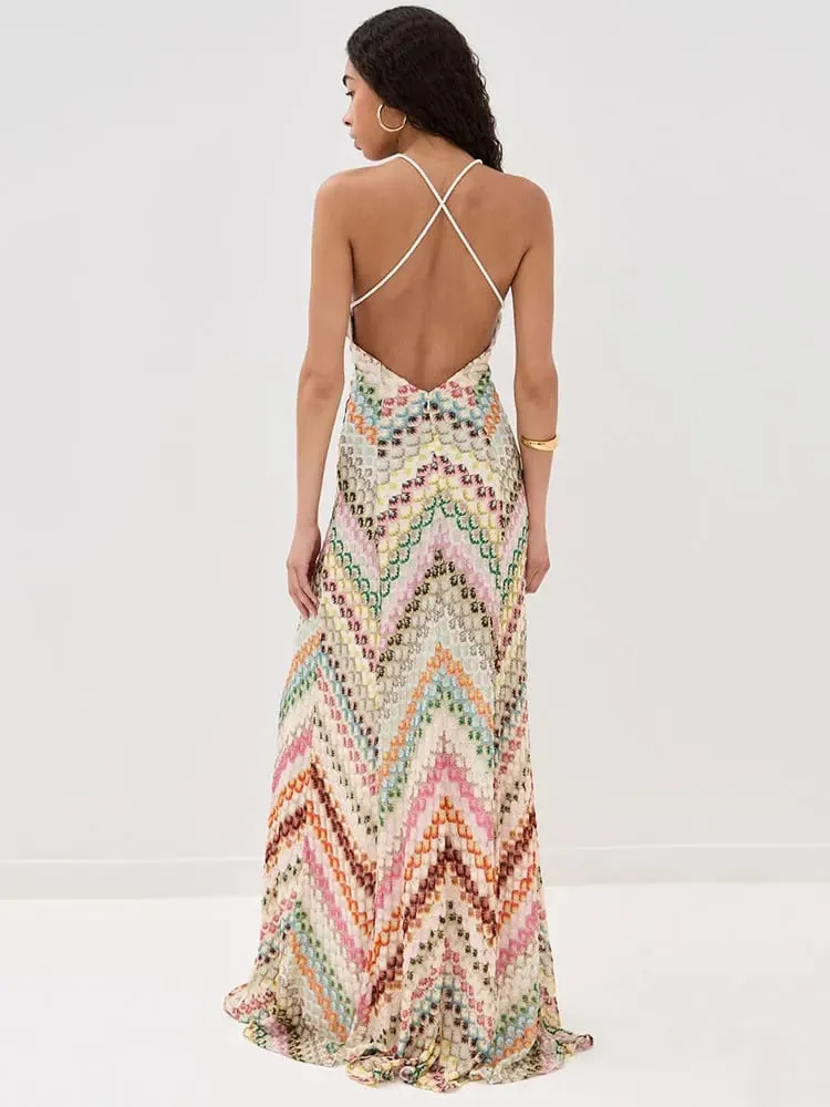 Robe longue imprimée Sexy, col en V, col licou, pour femmes, nouvelle mode d'été, sans manches, dos nu, Slim, soirée en boîte de nuit
