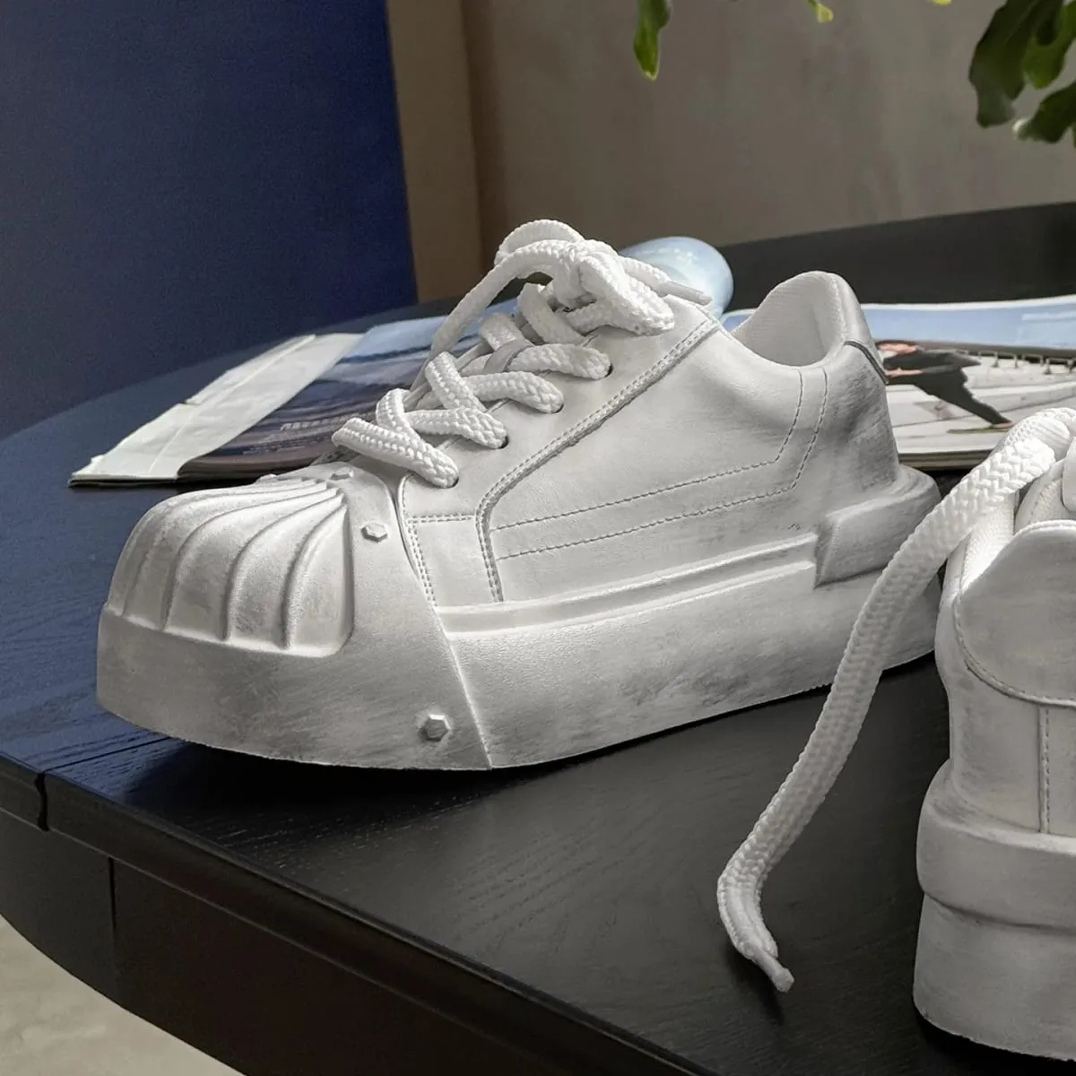 Women Men Sneakers Low-top Shell-head PU Leather Thick-soled Heightening Unisex Leisure Trendy Retro Shoes Men Chunky Trainers
