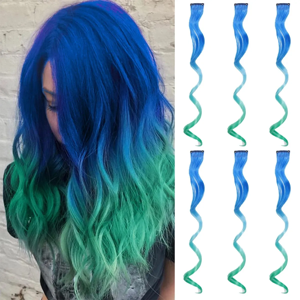 6PCS Ombre Clip In Hair Extensions Synthetic Body Wave Long Wavy Rainbow Highlight For Women Party Cosplay Festival Hair — image 9