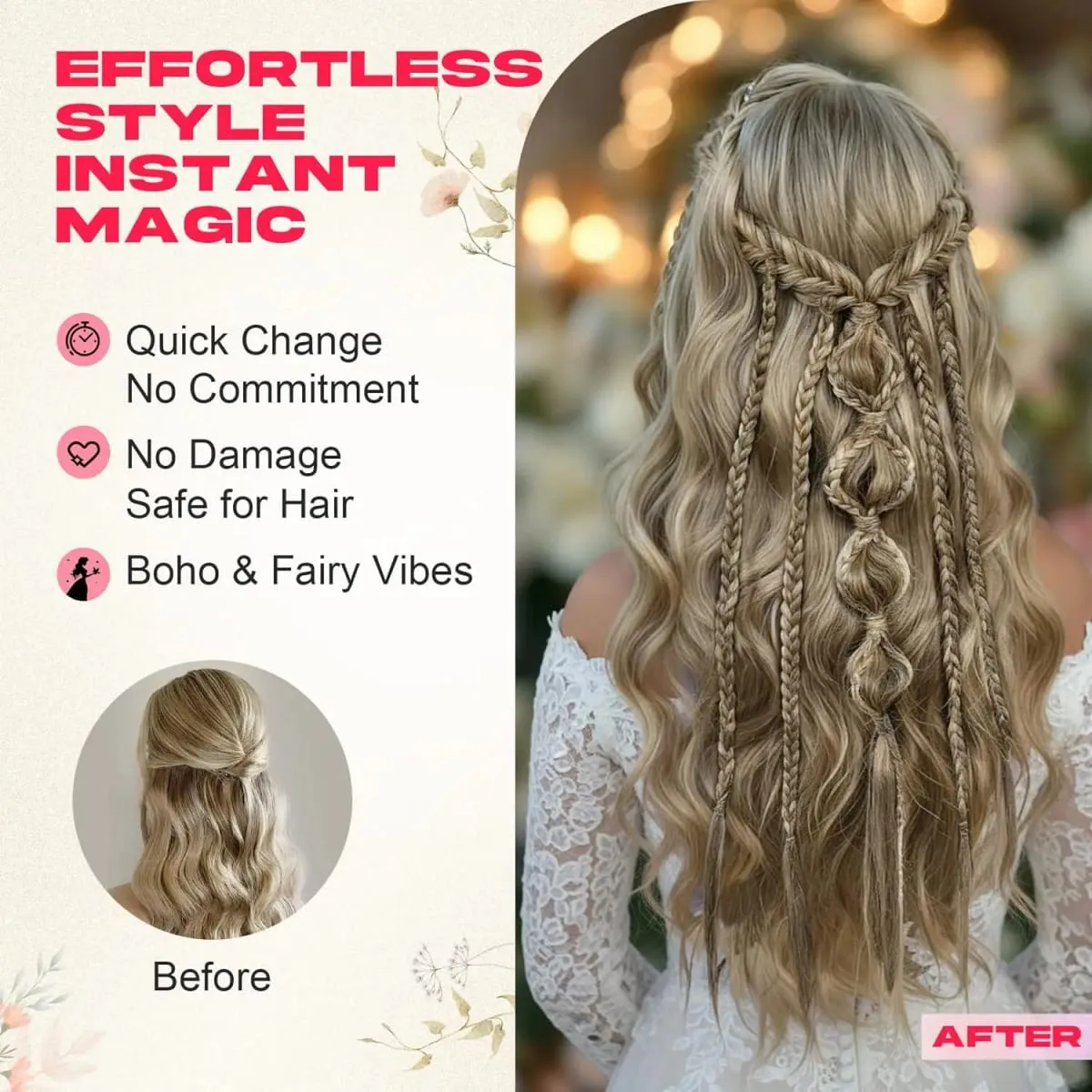 Synthetic Clip in Braid Hair Extensions - Boho Festival Princess Braid Hair Extension Fairy Cosplay Wedding Hairpiece for Women