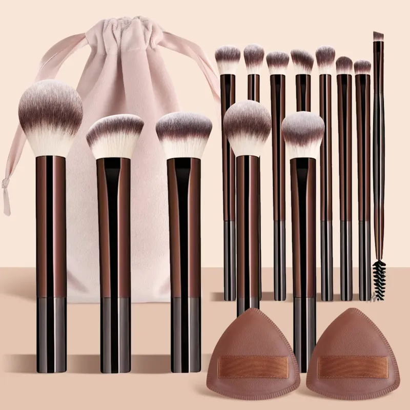 13Pcs Face & Eye Makeup Brushes Kit with Velvet Bag & 2 Triangle Puffs Makeup Tools for Beginners Daily Use