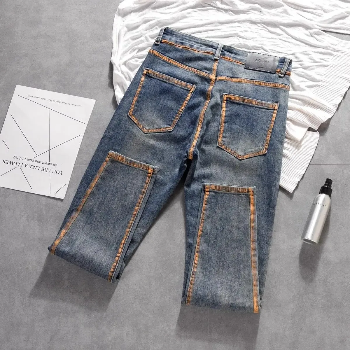 New Trousers Design Small Feet Elastic Slim Jeans High-end Casual Pants New Korean Work Original Paint Printing Trousers Man