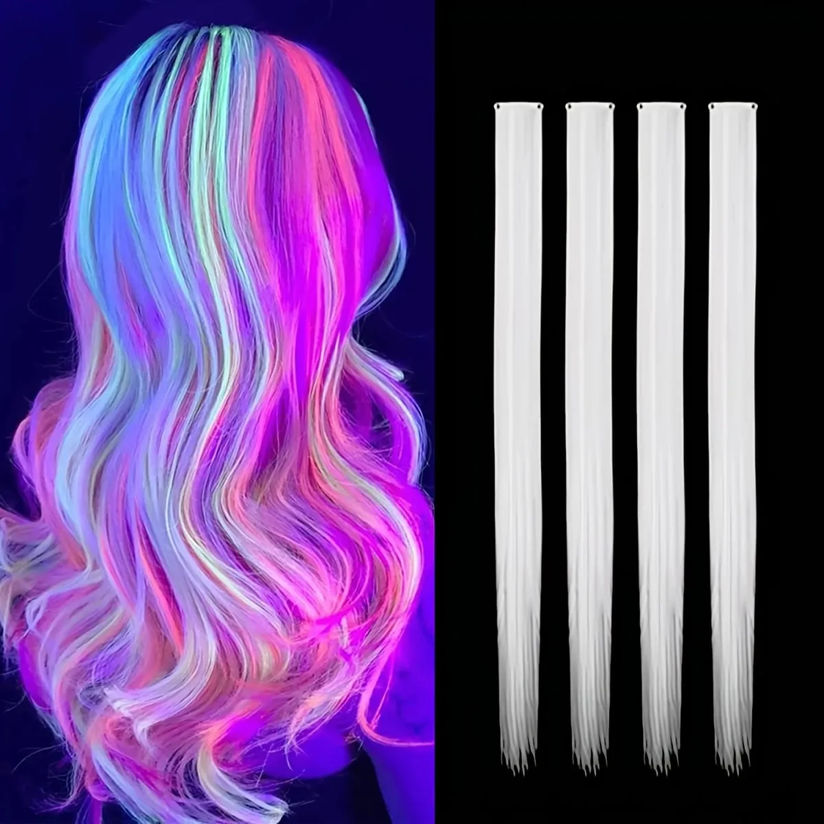 4-Pieces Synthetic Hair Extensions with Luminous Fluorescent Glow for Women - Clip-In Smooth & Soft Easy to Wear for Parties