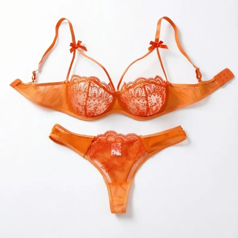 Sexy Orange Lace Lingerie Set Women Push Up Bra and Panty Set Butterfly Bow Underwear Female Intimates Sleepwear