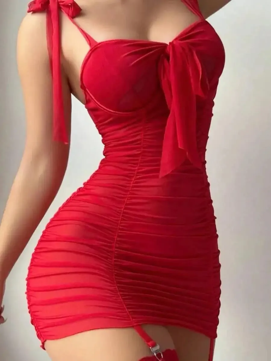 Sexy Bowknot Solid Color Dress Women's Thigh Black Silk Wrap Hip For Women Backless Deep V Suspenders Sleeveless Mini Dress BAUF