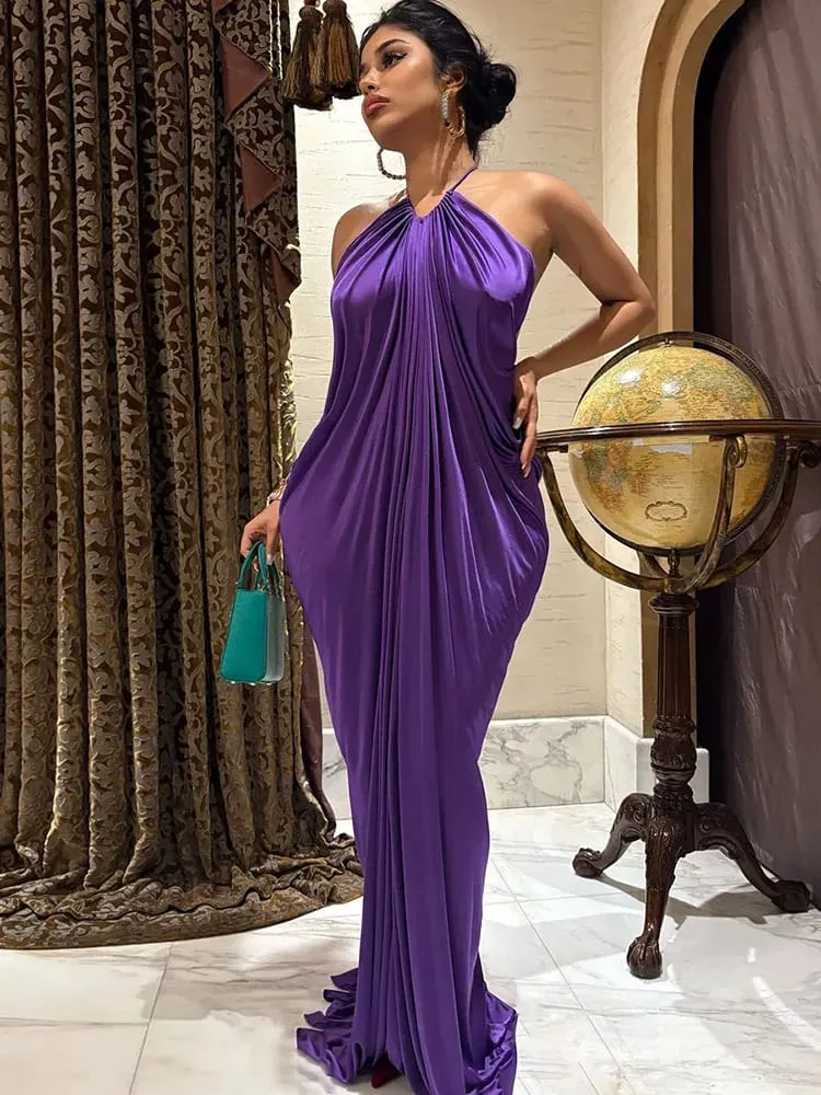 Weird Puss Elegant Ruched Halter Dress Woman Sexy Sleeveless Summer Trend Silky Skinny Gown Robe Vacation Banquet Party Vestidos — image 4