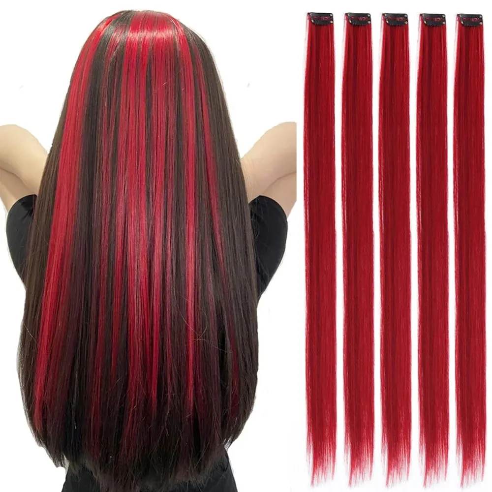 Synthetic Colorful 5pcs/set Clip Hair Extensions High Temperature Long Straight Hairpieces for Women Daily Party Use
