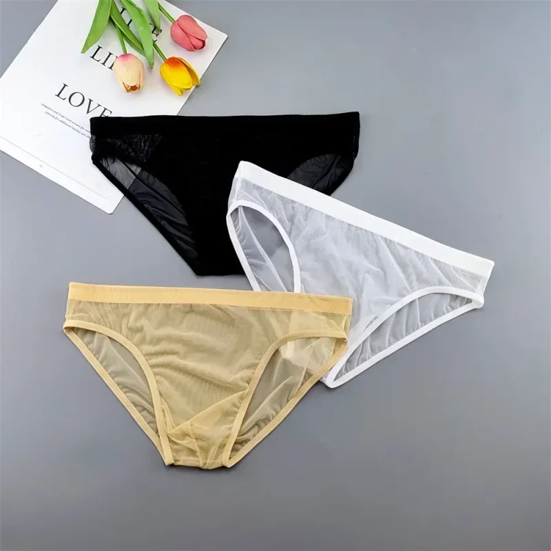Sous-vêtements transparents de grande taille, slips Sexy pour hommes avec pochette en Nylon, slips respirants, culottes masculines XL-4XL