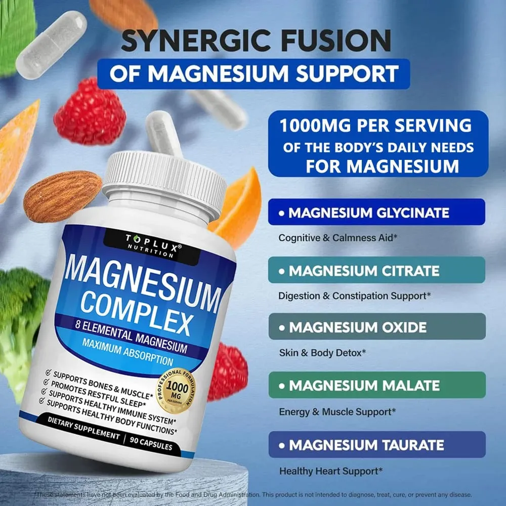 Magnesium Complex 1000mg 8 Elemental Magnesium Suplemen dengan Glycinate Citrate Oxide Aspartate Orotate Malate Taurate High Abs