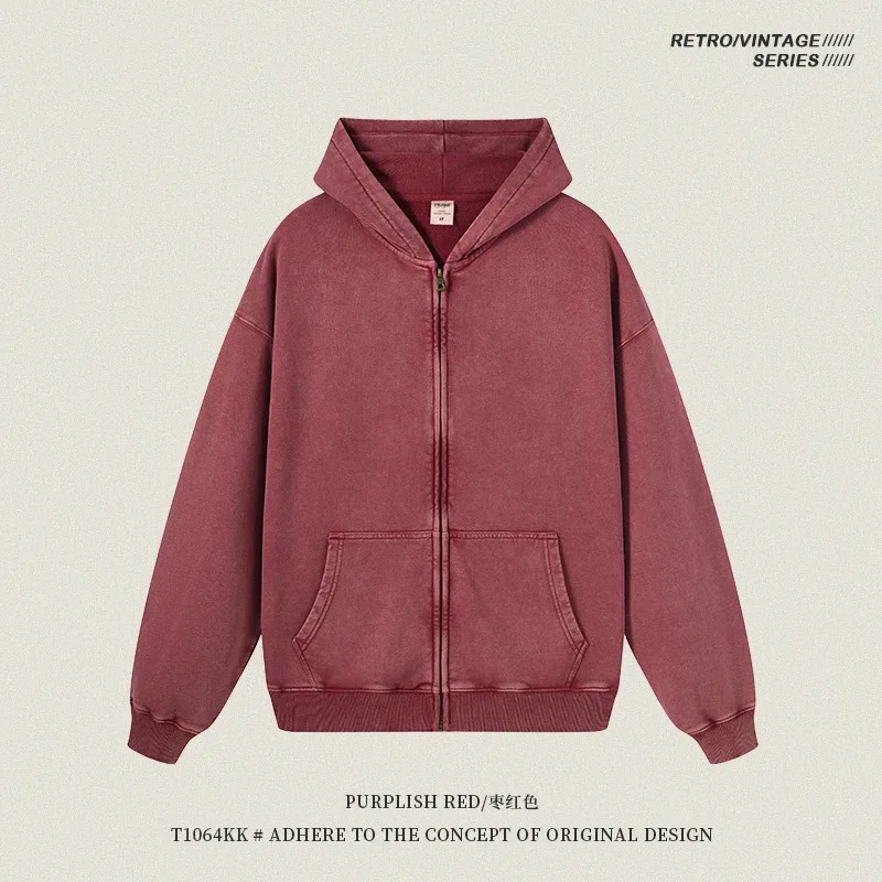 Retro Autumn Batik Washed Zipper Hoodie For Men Unisex Oversized Distressed 420gsm Terry 100% Cotton Hooded Coats HY0936 — image 20