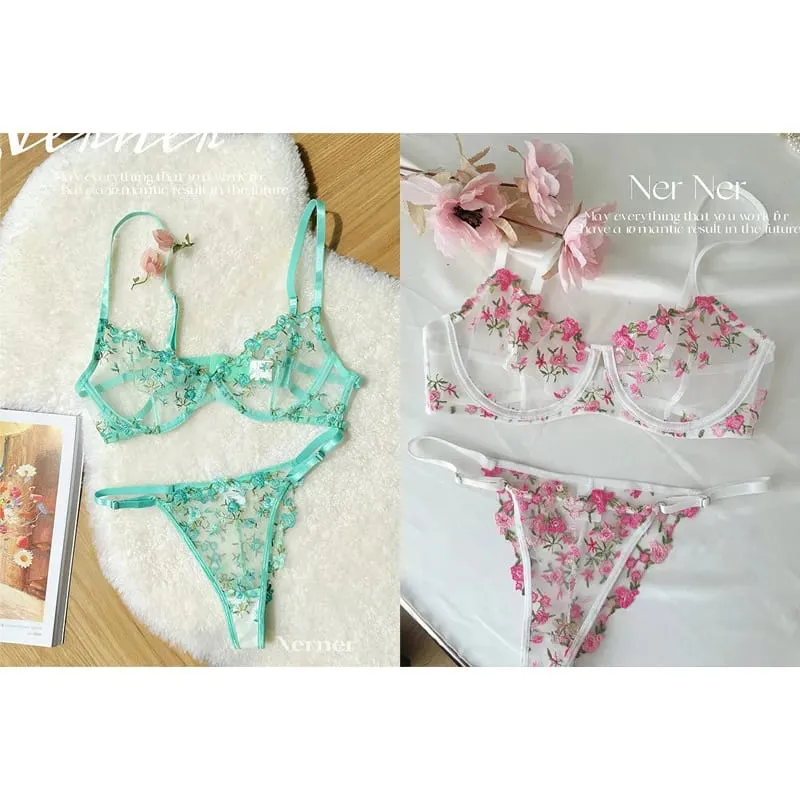 Transparent Floral Lace Embroidery Bra Set Summer Thin Minimizer Underwear Soft Breathable Full Bust Female Home Daily Wear S-XL — image 16