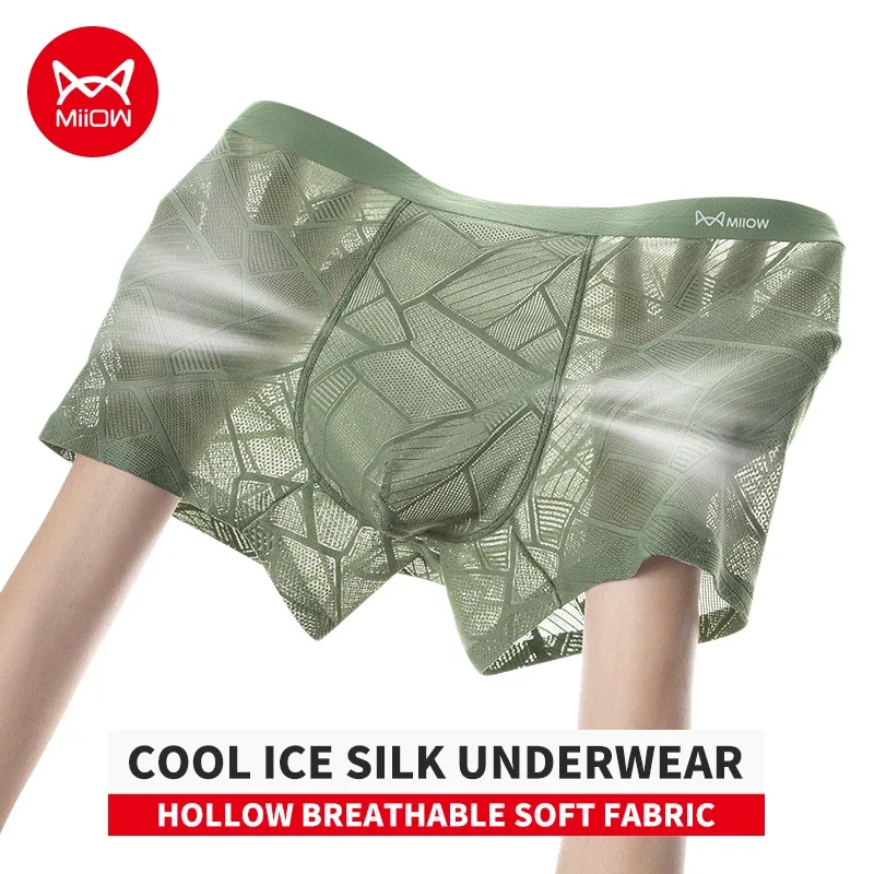 MiiOW 3Pcs Hollow-out Ice Silk Men Underwear Boxers Silky Breathable Man Underpants 10A Antibacterial Crotch Men's Boxer Panties