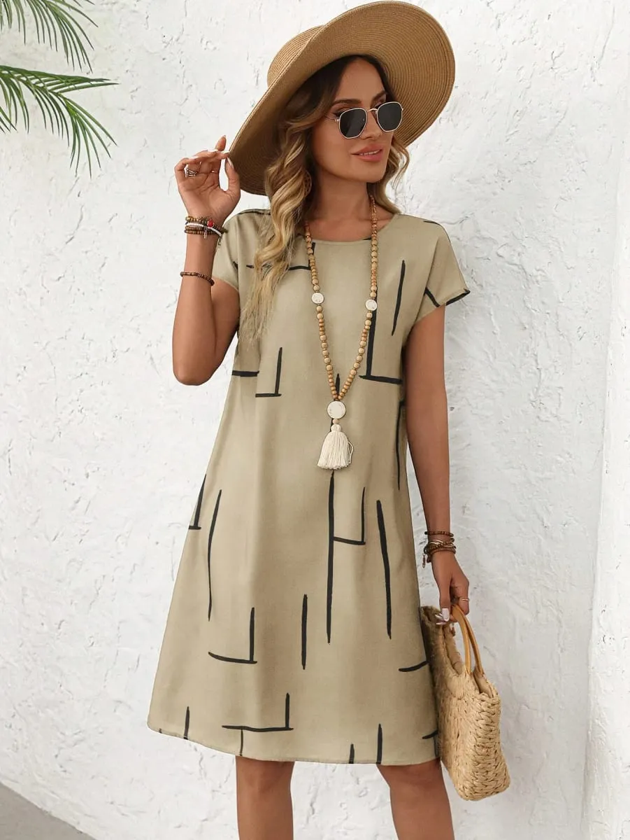 Women's Summer Casual Allover Simple Print O Neck Short Sleeve Dress Shirt Dresses For Women Y2k Ladies Clothes Woman Clothing
