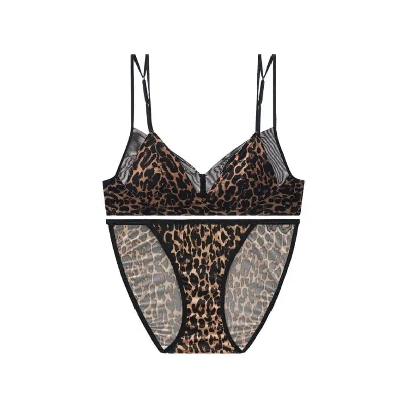 Modish Leopard Intimate Set Non-wire Thin Triangle Bra Breathable Summer Nude Fabric Small Chest Firm Gathering Womens Indoor — image 1