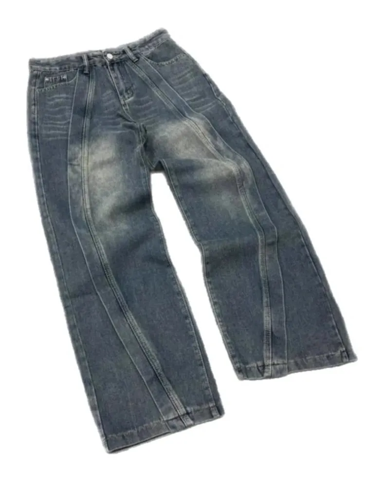 Mens Jeans American Vintage Streetwear Dark Blue Wide Leg Denim Pants Patchwork Contrast Stitch Washed Loose Fit Retro Fashion