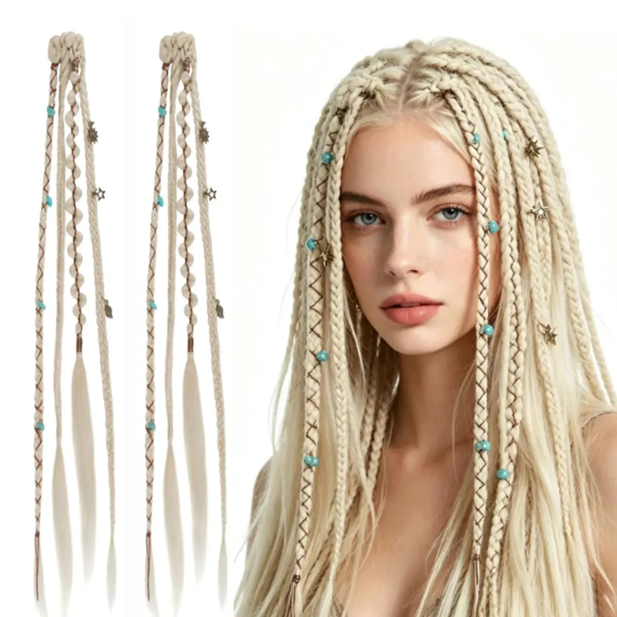 Clip in Braided Hair Extensions for Women Boho Dreadlock Clip in Braids with Beads 2pcs Handmade Synthetic Braided Hairpieces — image 8