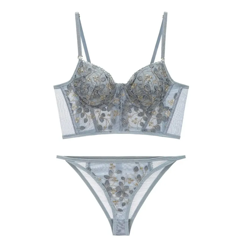 New Embroidery Lace Flowers French Women Underwear Steel Rubber Bone Push Up Bras Sexy Bralette Cute Lingerie Sexy Body Shaping
