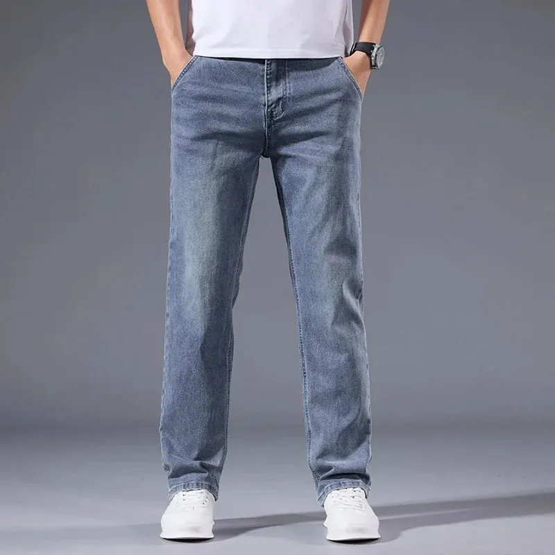 Men's Loose Straight Leg Jeans Retro Washed Elastic Casual Pants Suitable for All Seasons Versatile Pants