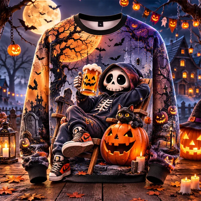 2026 New Pumpkin Print Halloween Sweatshirts Fashion Trendy Long Sleeve Holiday Wear Sweater Loose Streetwear Hip Hop Pullovers