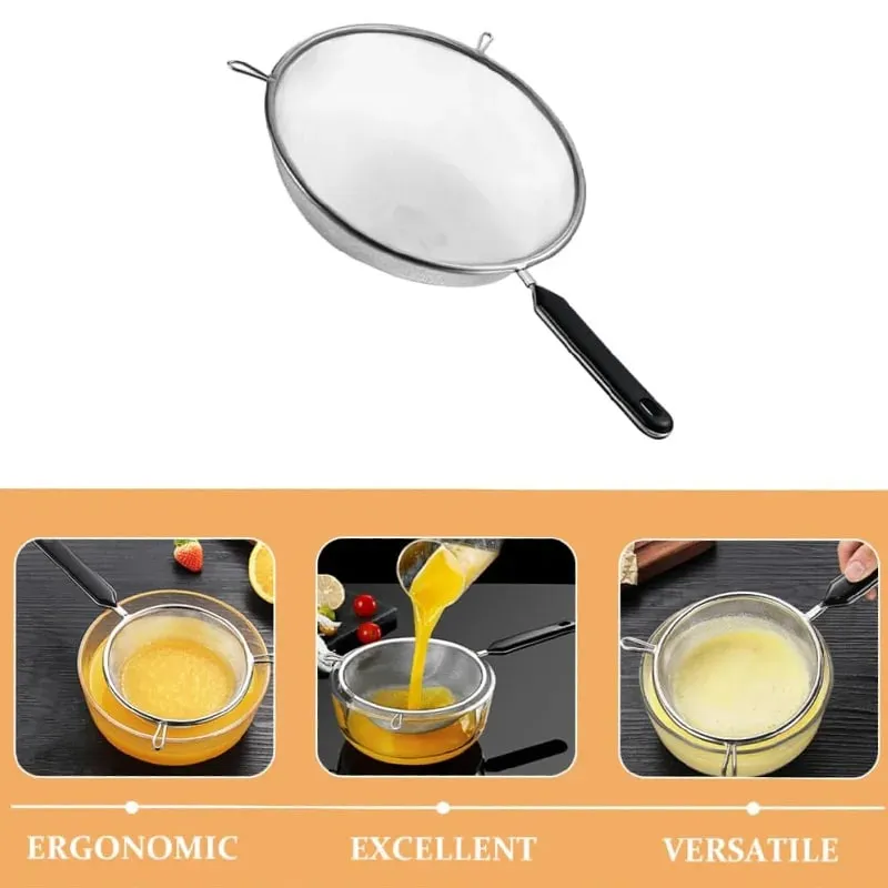 Ergonomic Kitchen Strainer for Christmas Recipes - 12 Inch with Non-Slip Handle & Hook Sturdy Fine Mesh for Draining and Rinsing