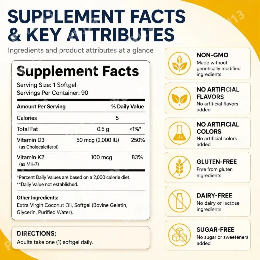 Vitamin D3+K2 Capsules 2000 IU + 100 Mcg - Bone Health & Immune Support Calcium Absorption Daily Wellness Formula 90ct