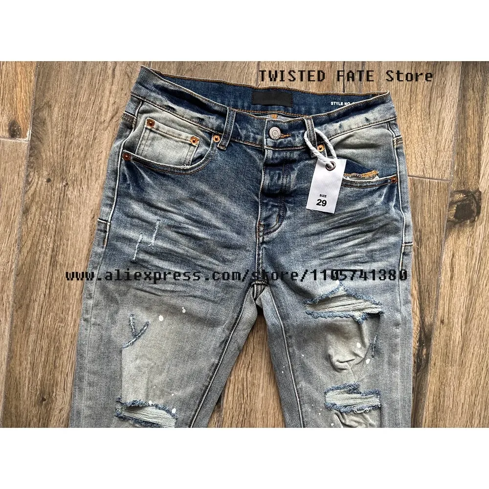 American High Street Quality Distressed Washed Light Blue Destroyed Holes Stretch Skinny & Slim Fit Spray Painted Ripped Jeans — image 4