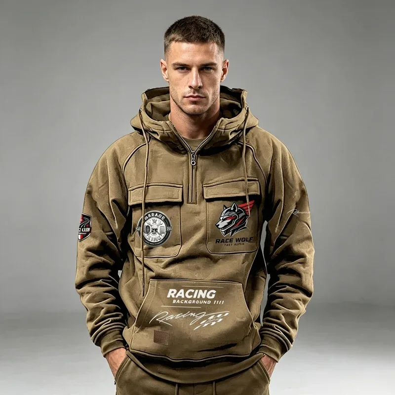 Men's Racing Suit With Large Pockets And Hooded Pullover. Men's Multi-pocket Outdoor Camping Hiking Sports Casual Jacket.
