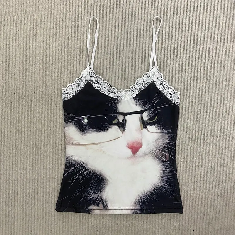 Women Lace Trim Spaghetti Strap Cami Top Cute Glasses Cat Print Slim Y2K Coquette Summer Sleeveless Crop Tank Top