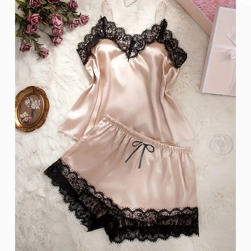 Silky Bra Shorts Pajamas Set Solid Summer Lingerie Women Intimacy Sets Comfortable Seamless Bras Underwear Satin Home Apparel