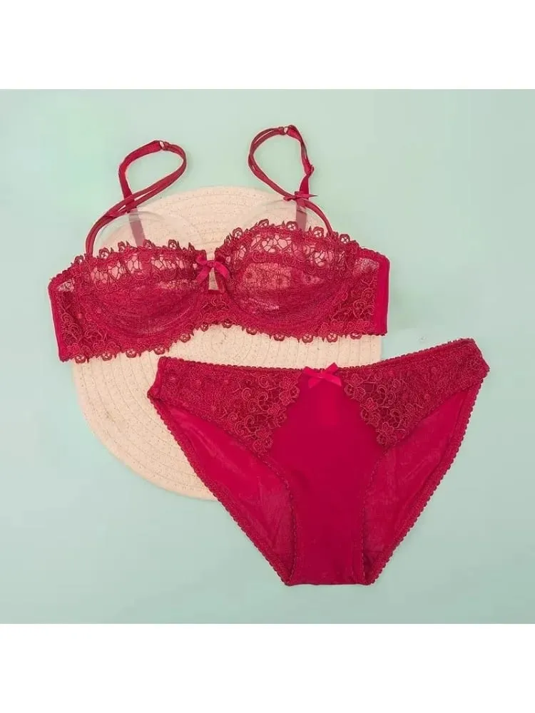 Sexy Lace Bra Set Women Plus Size Sheer Half Cup Push Up Lingerie Ultra Thin Transparent Concealed Nipple Underwear Hot
