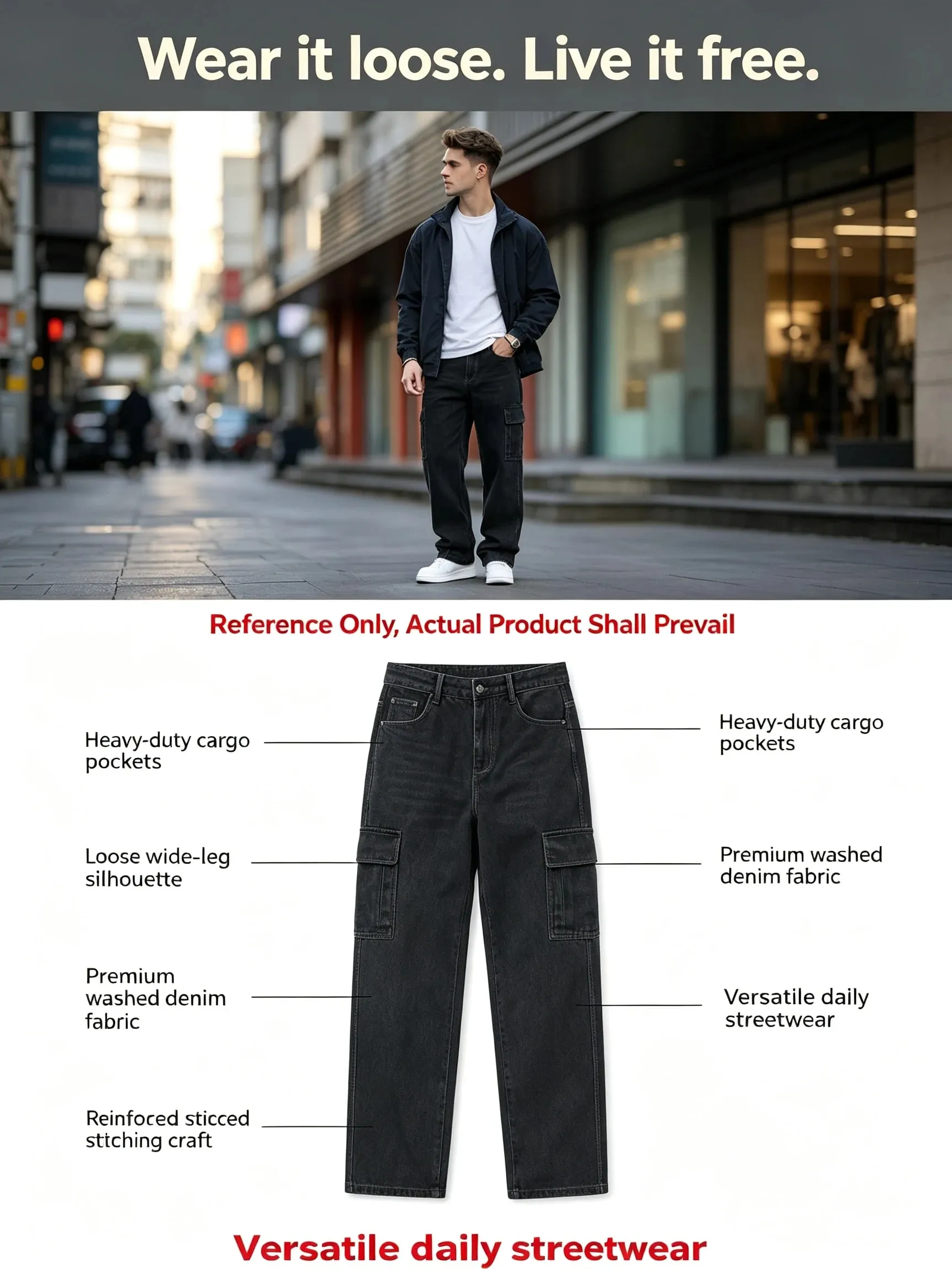 Men Baggy Cargo Jeans Retro Army Style Loose Fit Multi‑Pocket Denim Trousers Men's Casual Daily Outdoor Street Work Pants — image 9