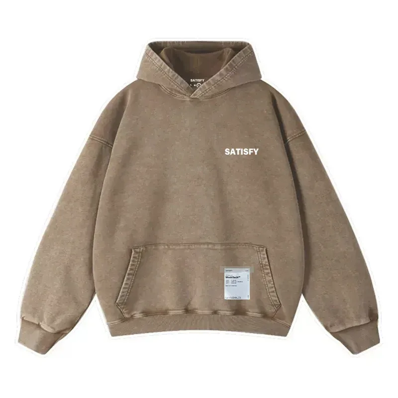 Elf-Adhesive SATISFY Flocking Print Hoodie Sweatshirt Jacket Street Style Loose Fit Long Sleeve for Young Men And Women