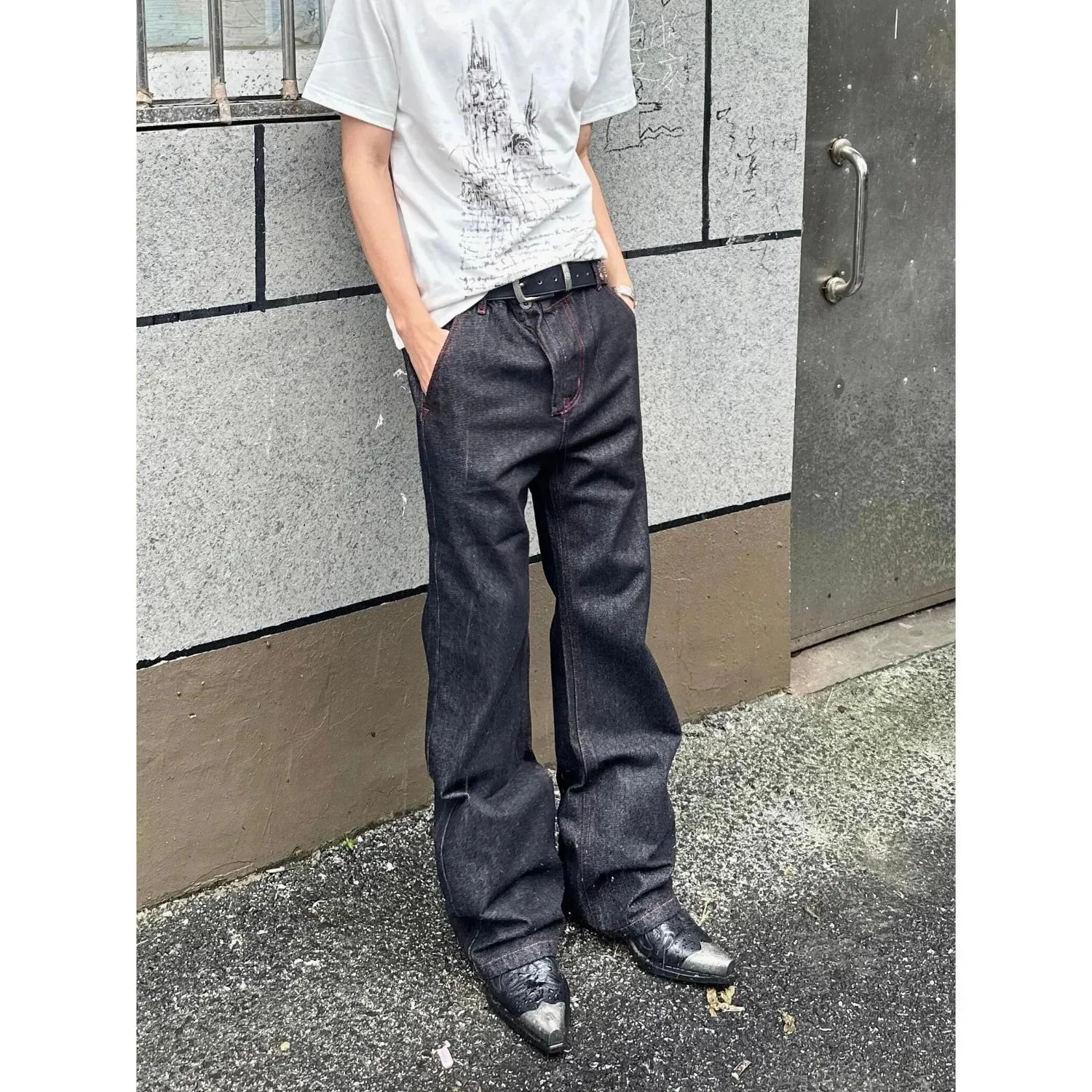 Men American Vintage Denim Red Stitch Raw Black Straight Micro Flare Jeans Slim Fit Fashion Casual Stretch Long Denim Trousers