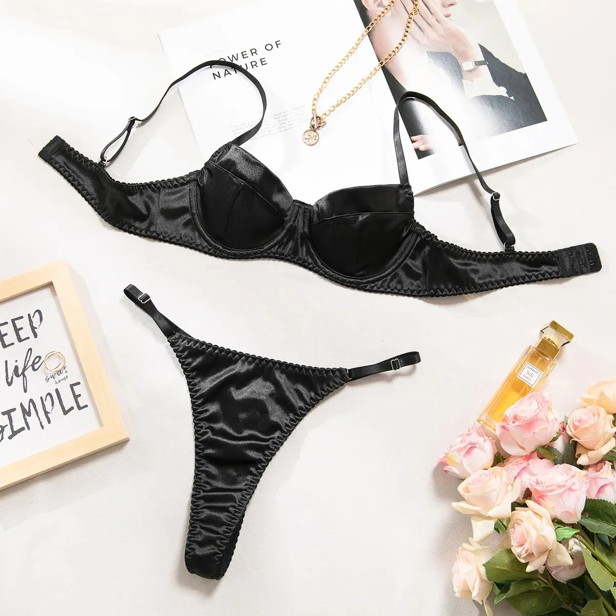 Push Up Underwire Satin 2 Pcs Sexy Bra Set Women Underwear Patchwork Bras and Thongs Suits Attractive Bilizna Intimate Set — image 4