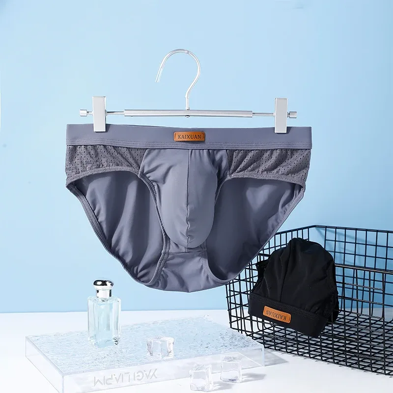 Men's Summer Ice Silk Mesh Briefs Quick Dry U-Pouch Separated Crotch Breathable Underwear Triangle Design for Comfort