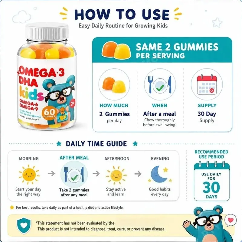 Kids Omega 3 DHA Gummies with Omega 6 & 9 Vitamin C for Brain Eye & Heart Support Vegetarian Gluten Free Ages 2+ 60 Count — image 6